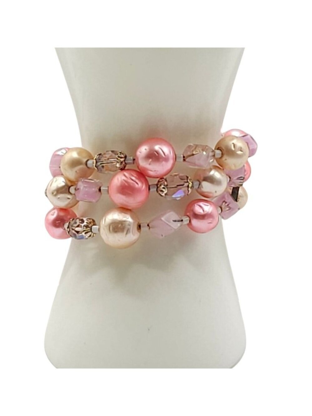 Vintage Pink Faux Pearl Beaded Stretch Bracelet With Crystal Accents